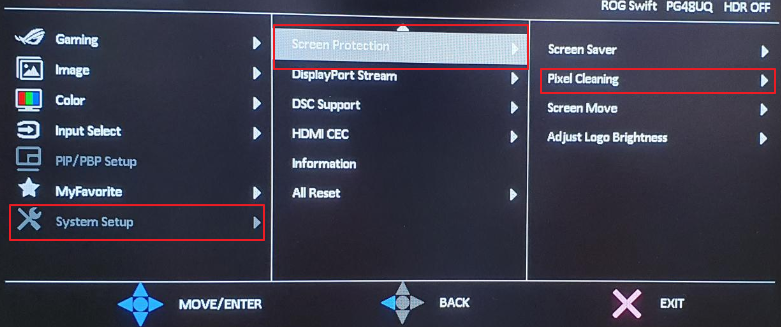 ASUS OLED 모니터의 픽셀 클리닝 설정 안내 화면