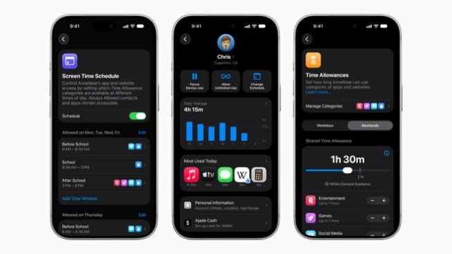 iPhone 18 Pro 세 대에 Screen Time, 가족 공유, Time Allowances 설정 화면이 표시된 Apple 공식 이미지