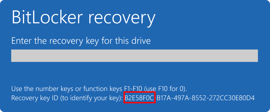 BitLocker 복구 화면에서 키 ID 위치를 강조한 모습