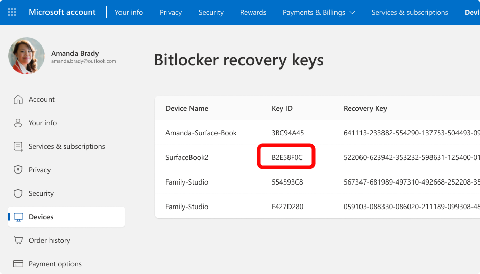 Microsoft 계정에 저장된 BitLocker 복구 키 목록 화면
