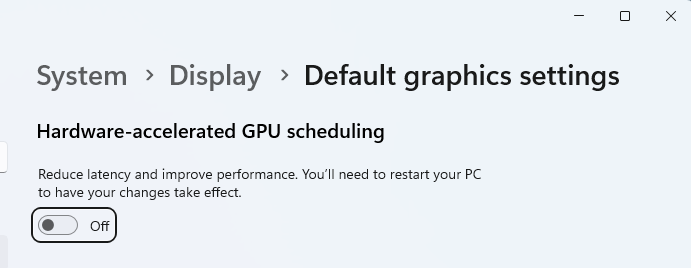 Windows 11 설정의 기본 그래픽 설정 변경 화면에서 하드웨어 가속 GPU 스케줄링 항목을 보여주는 화면