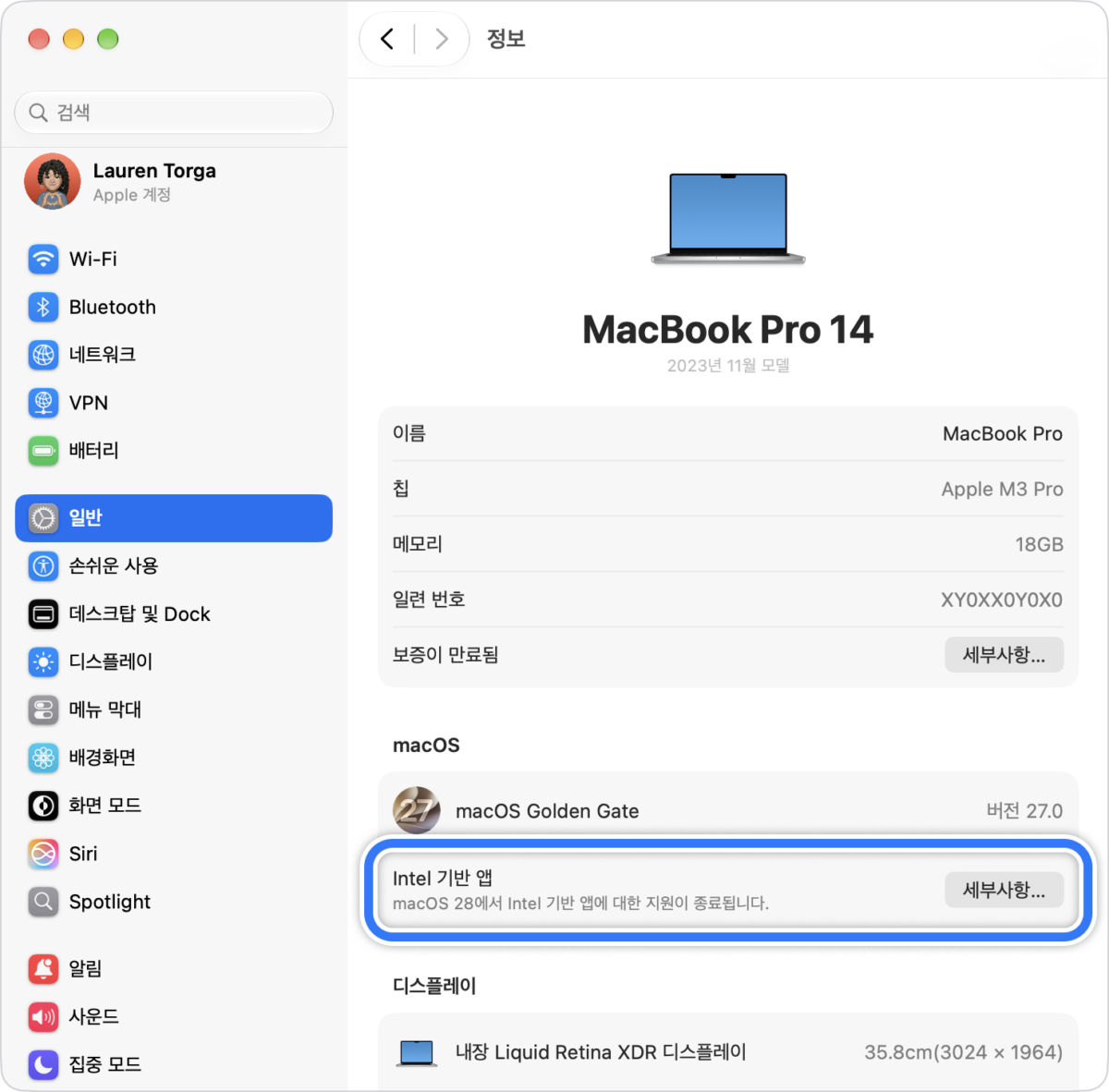 macOS 27 Golden Gate 시스템 설정 일반 화면의 Intel 기반 앱 항목