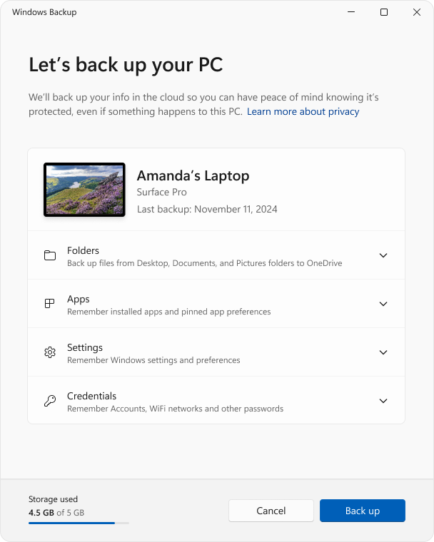 Windows 11의 Windows 백업 앱 화면