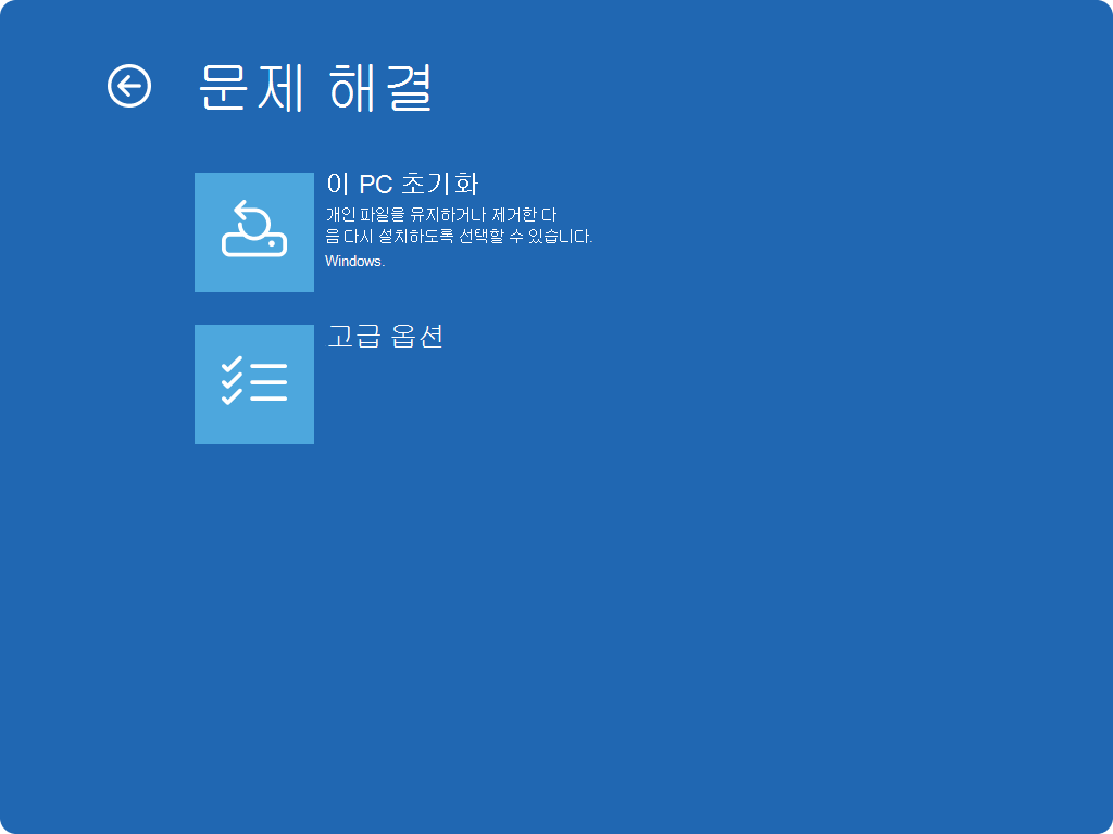 Windows 복구 환경의 문제 해결 화면
